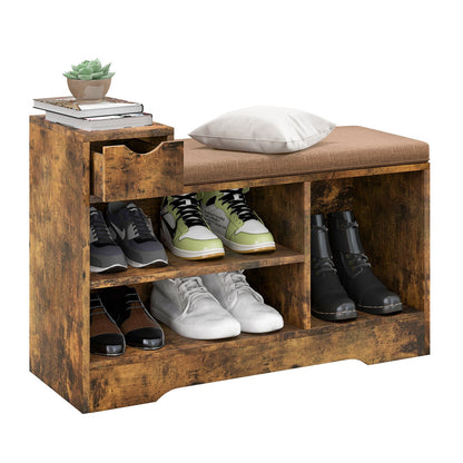 Entryway Storage Shoe Bench with 1 Storage Drawer and 3 Open Compartments, Rustic Brown