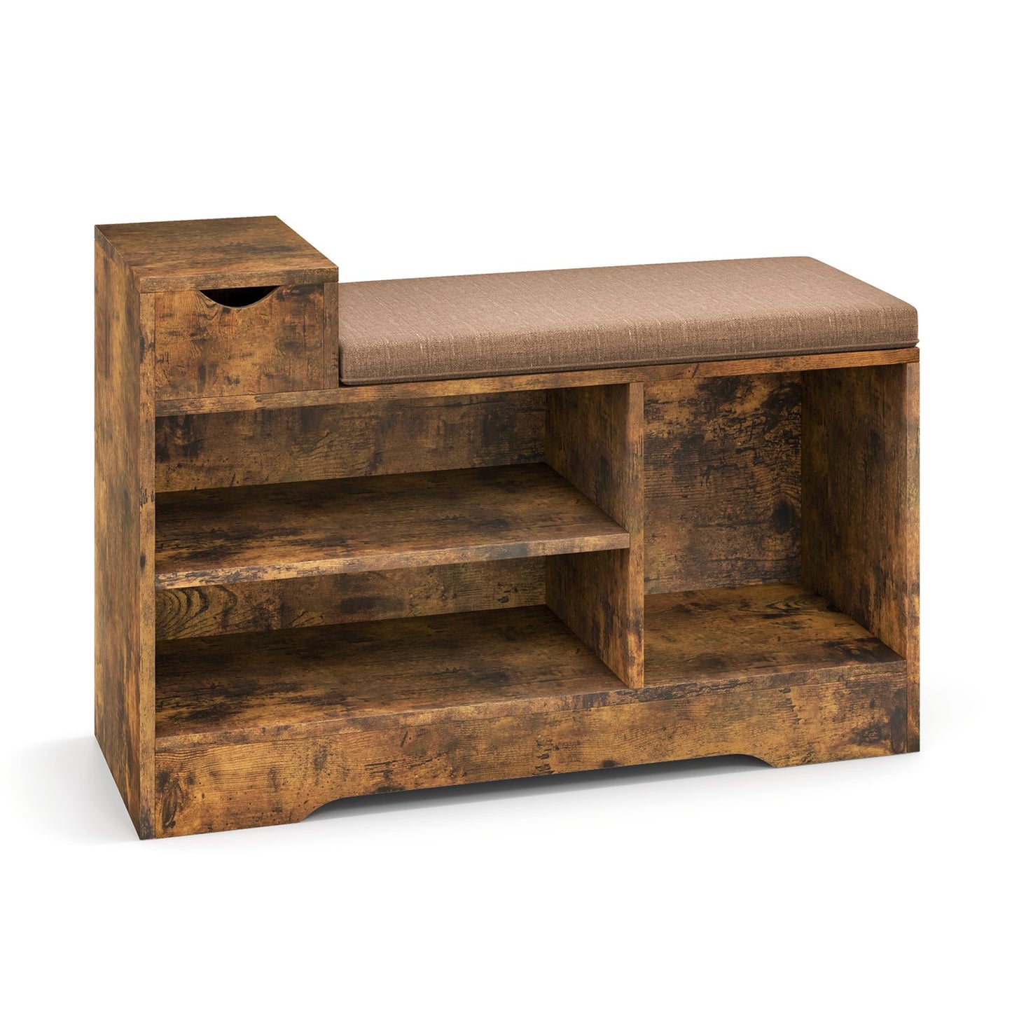 Entryway Storage Shoe Bench with 1 Storage Drawer and 3 Open Compartments, Rustic Brown