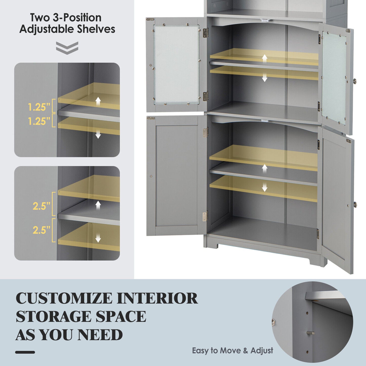 6-Tier Freestanding Bathroom Cabinet, Adjustable Shelves, Gray Floor Cabinets at Gallery Canada