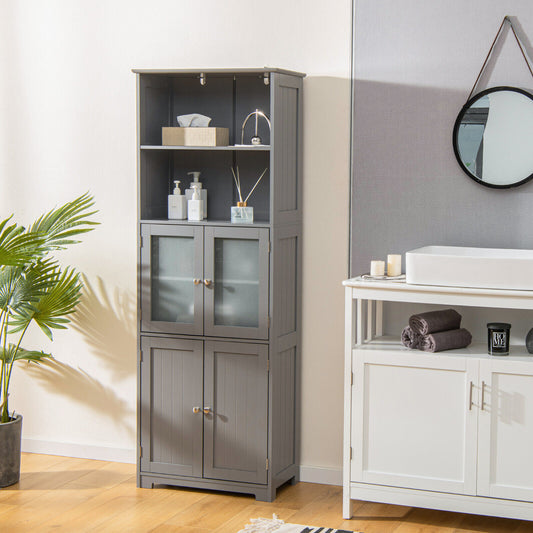 6-Tier Freestanding Bathroom Cabinet with 2 Open Compartments and Adjustable Shelves, Gray Floor Cabinets Gray at Gallery Canada