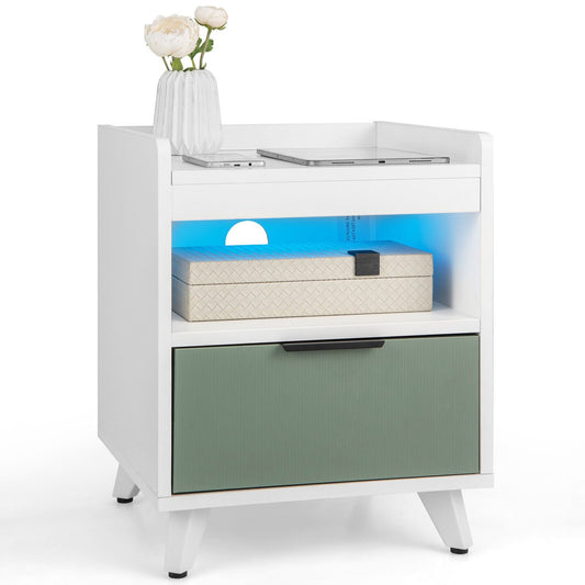 Modern Nightstand with LED Lights Sliding Drawer and Open Compartment, White