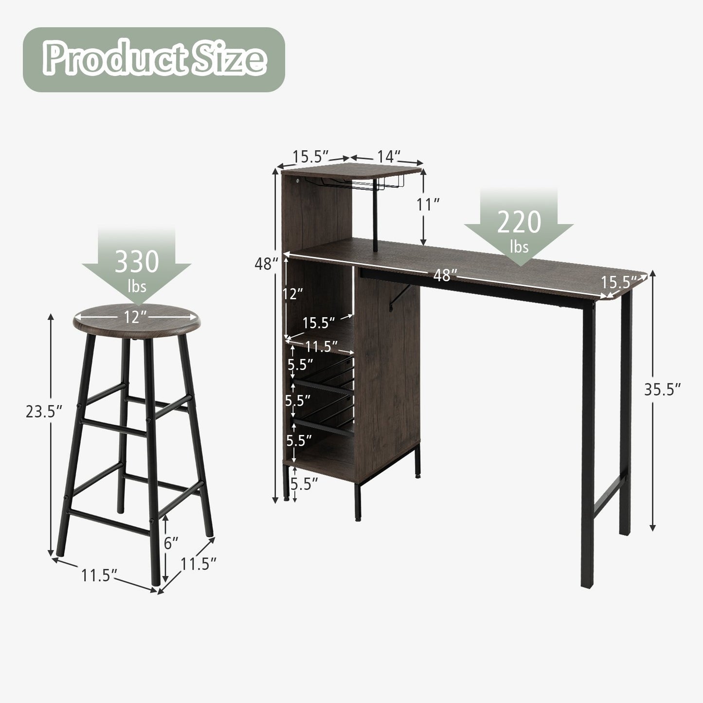 3 Piece Bar Table and Chairs Set with 6-Bottle Wine Rack, Brown