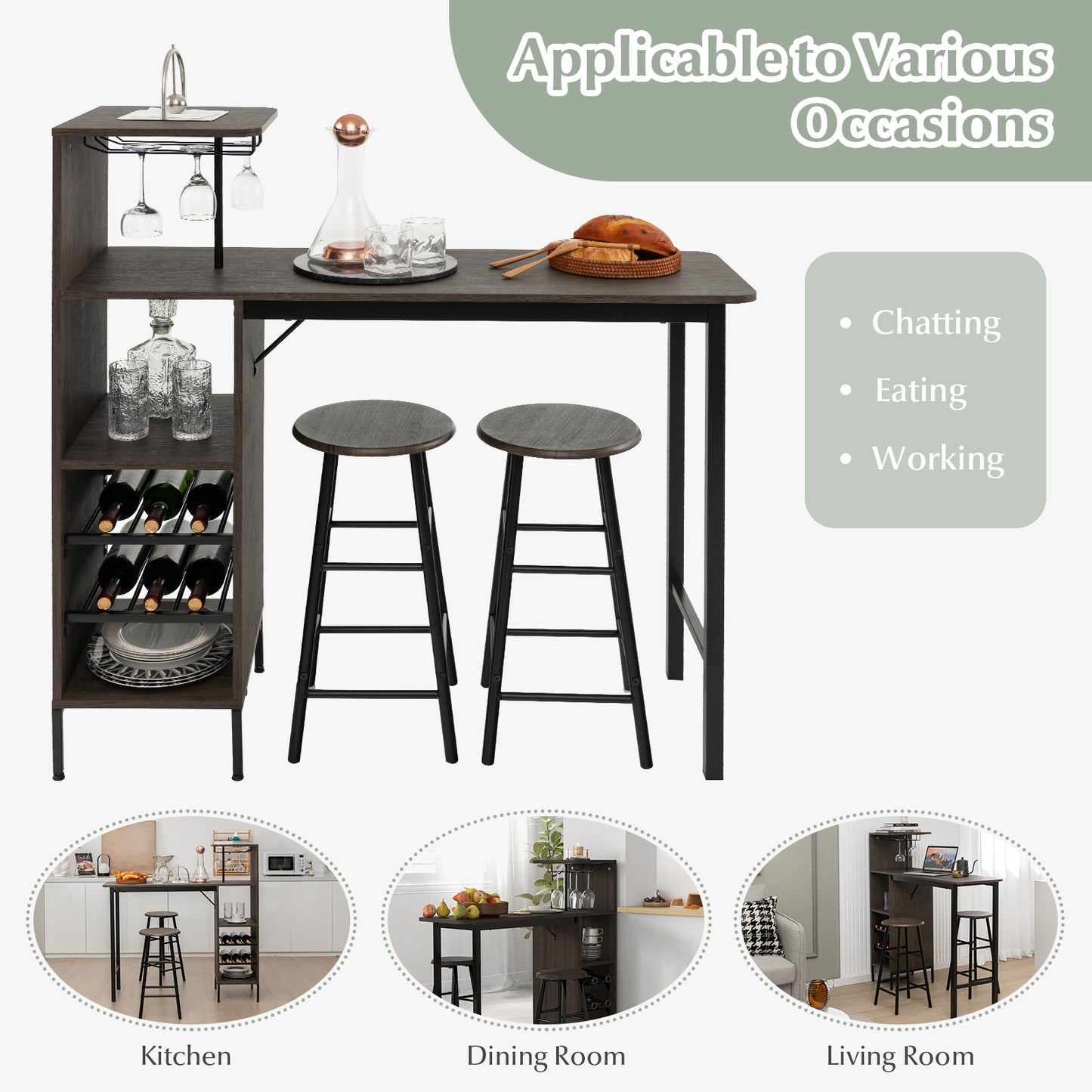3 Piece Bar Table And Chairs Set, 6-Bottle Wine Rack, Brown Dining Room Sets at Gallery Canada