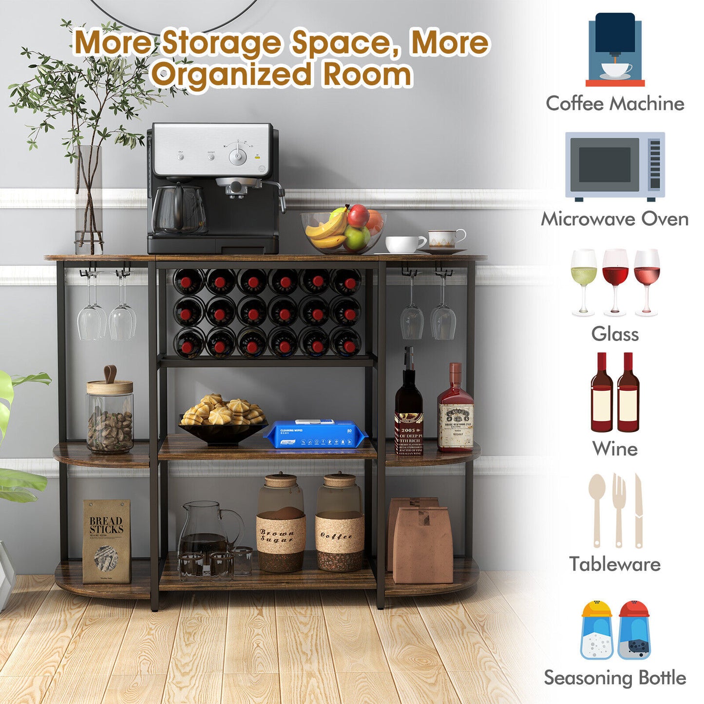 47 Inches Wine Rack Table, Glass Holder, Storage Shelves, Rustic Brown Wine Racks at Gallery Canada