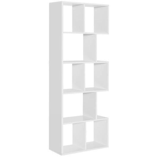 5 Tiers 63 Inch Tall Geometric Wooden Bookshelf with 8 Display Shelves, White