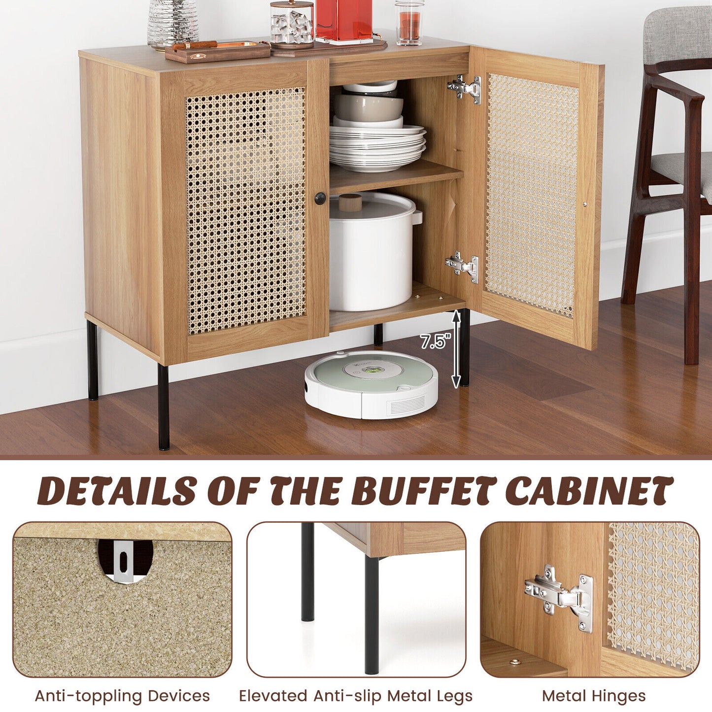 Kitchen Sideboard, 2 Rattan Doors, Adjustable Shelf, Oak Sideboards Cabinets & Buffets at Gallery Canada