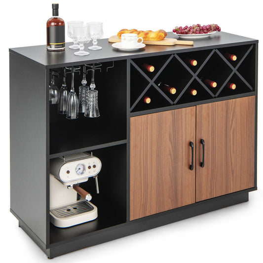 Industrial Sideboard Cabinet with Removable Wine Rack and Glass Holder, Black