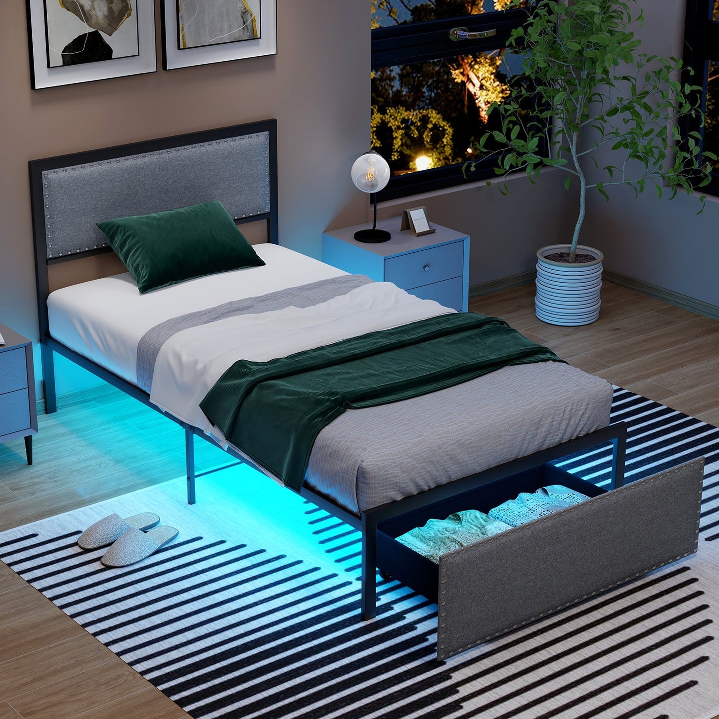 Full/Queen/Twin Size Bed Frame with LED Lights Drawer and Metal Slats-Twin Size, Gray