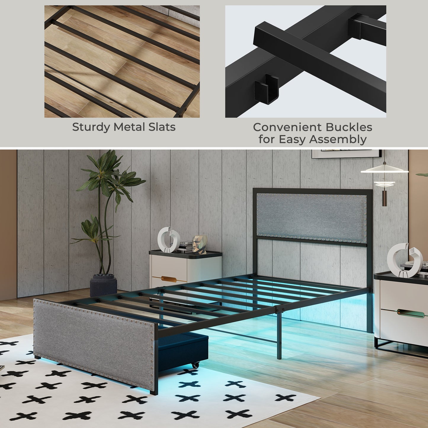 Twin Size Bed Frame With LED Lights, Drawer, Metal Slats, Gray Simple Bed Frame at Gallery Canada