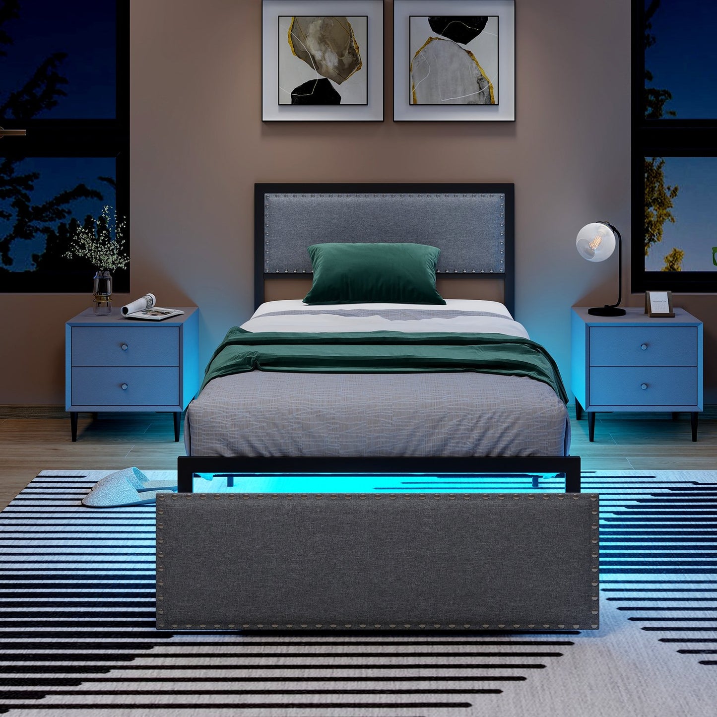 Full/Queen/Twin Size Bed Frame with LED Lights Drawer and Metal Slats-Twin Size, Gray