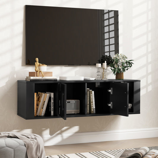 Wall Mounted Floating Desk Hutch, 2 Door Storage Shelves, Black Living Room Black at Gallery Canada
