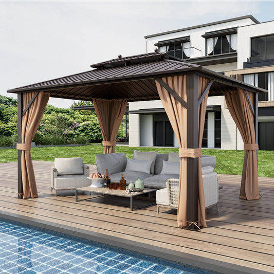 10x13ft Hardtop Gazebo, Galvanized Steel Roof, Curtains, Coffee Gazebos Coffee at Gallery Canada