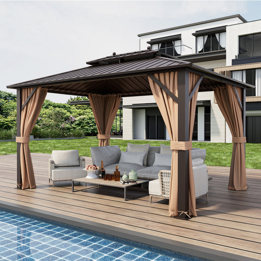 10x13ft Hardtop Gazebo, Galvanized Steel Roof, Curtains, Coffee Gazebos Coffee at Gallery Canada