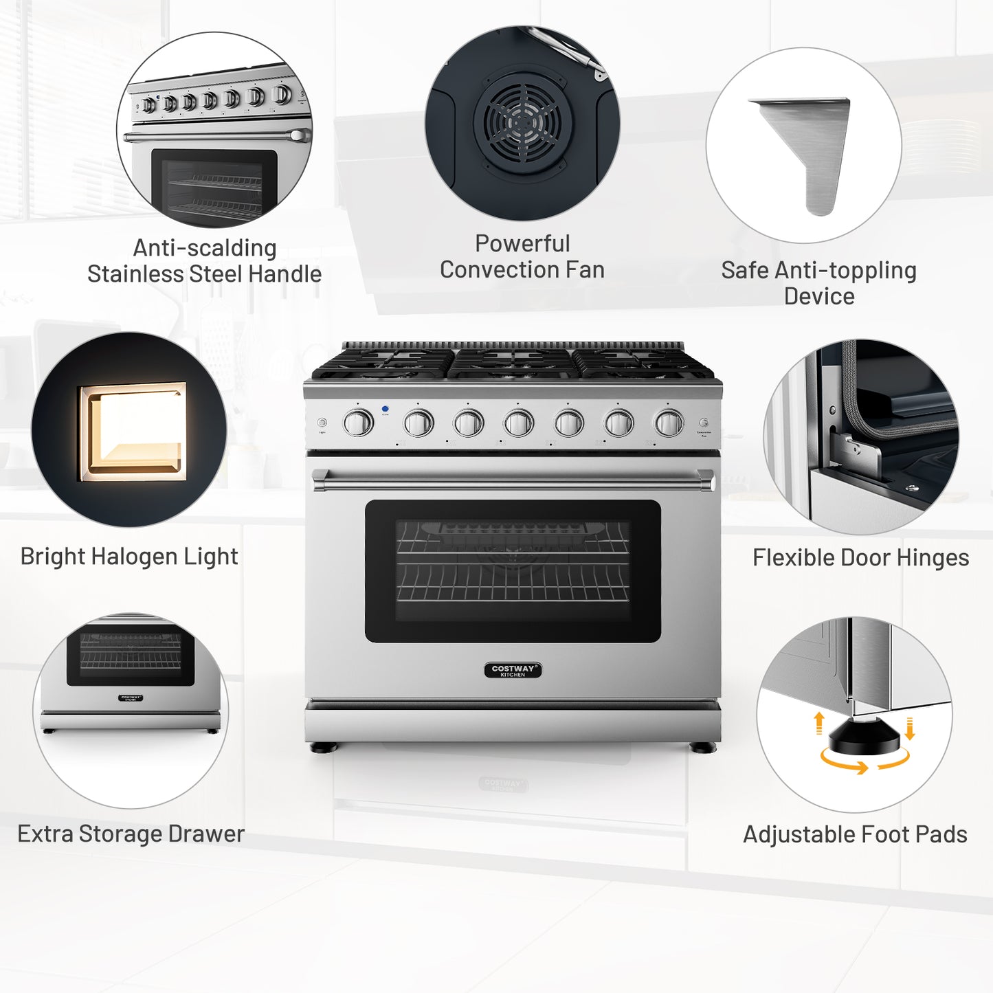 36 Inches Freestanding Natural Gas Range, 6 Burners Cooktop Food Warmers & Burners at Gallery Canada