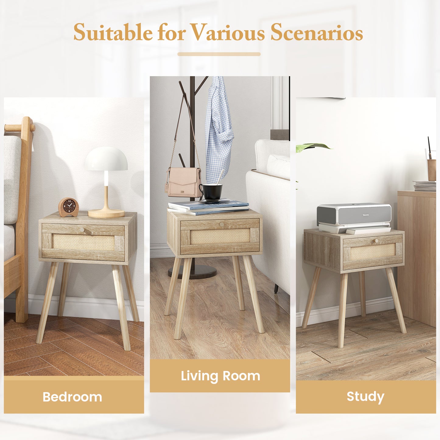 Modern Rattan Nightstand with Drawer and Solid Wood Legs for Bedroom and Living Room, Natural Nightstands at Gallery Canada