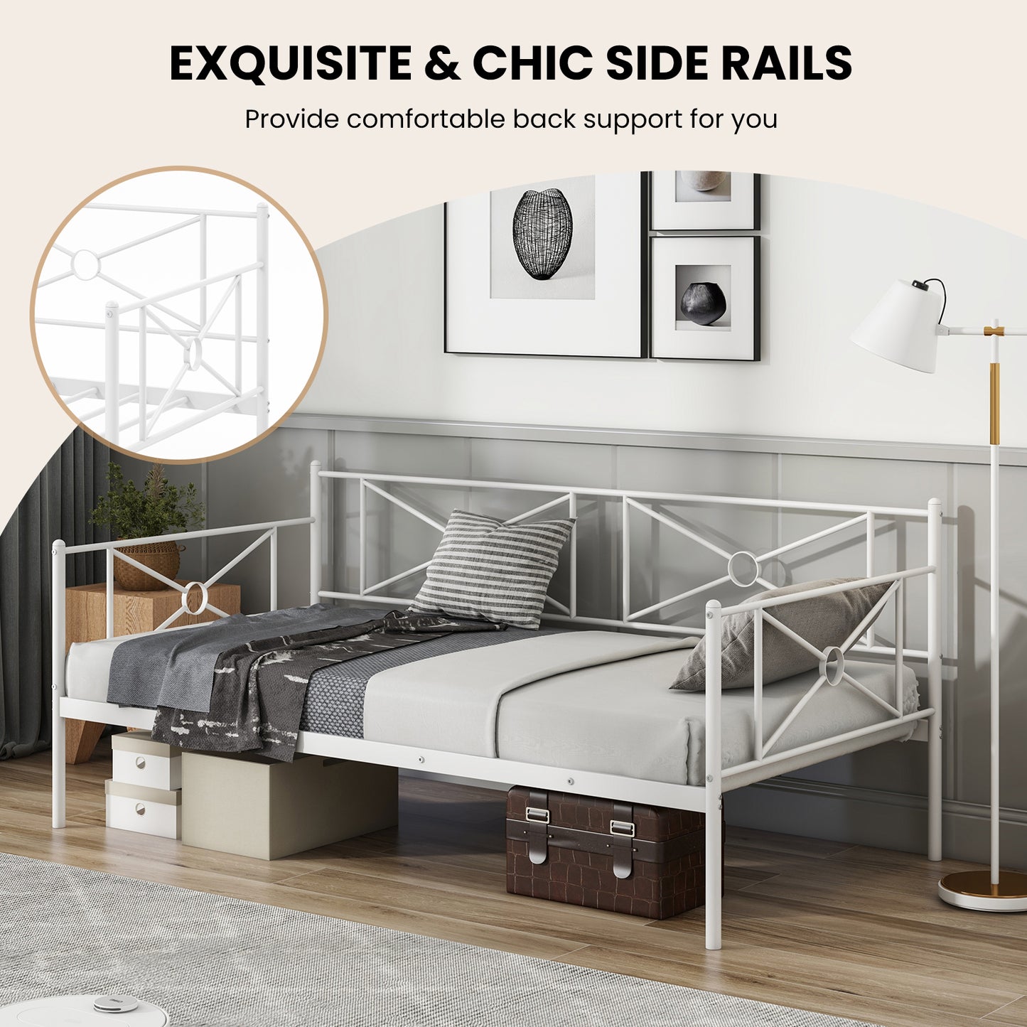 Metal Daybed Twin Bed Frame, Stable Steel Slats, White Trundle Bed Frame at Gallery Canada