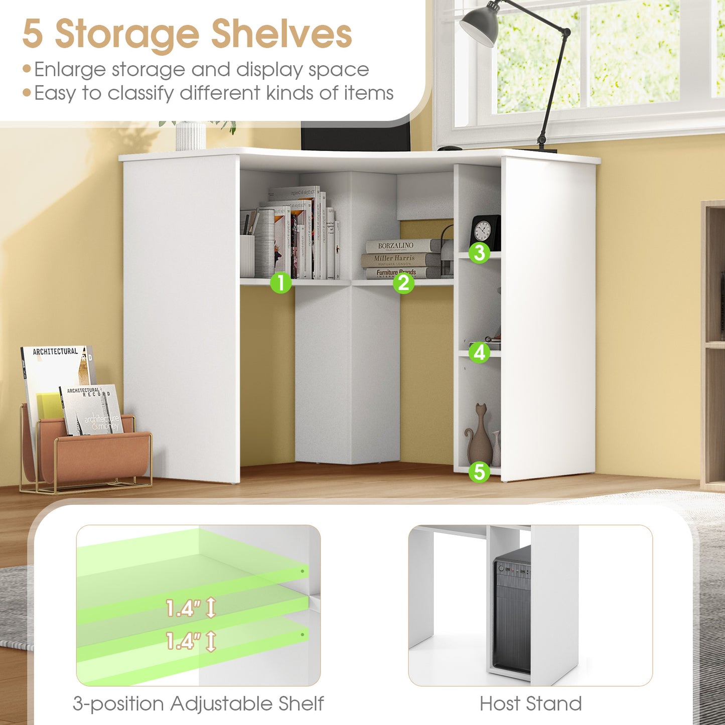 Corner Computer Desk Triangle Home Office Desk with Adjustable Shelf and Arc-Shaped Profile, White Computer Desks at Gallery Canada