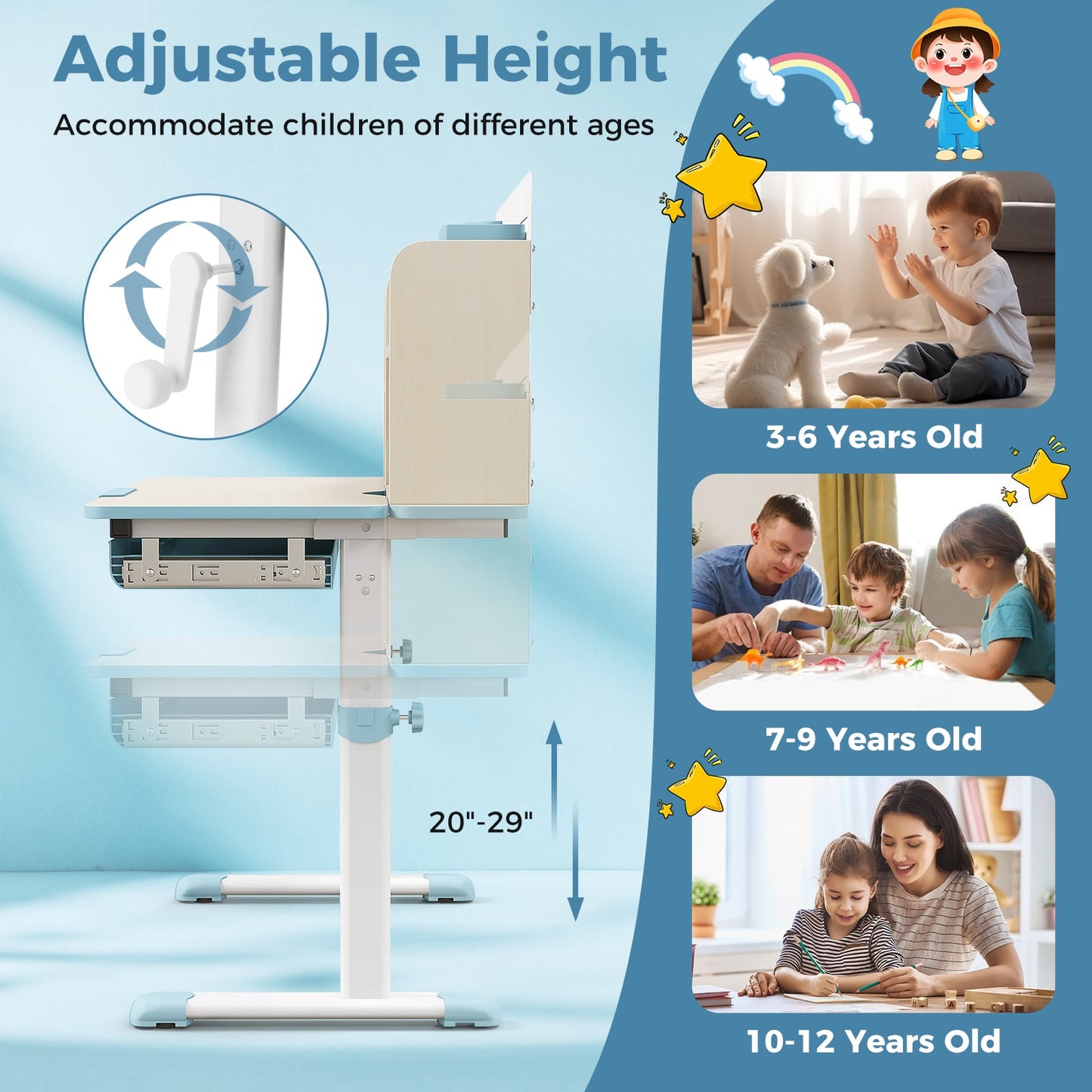 Bureau d'étude pour enfants, Hauteur réglable, Plateau inclinable, Bleu