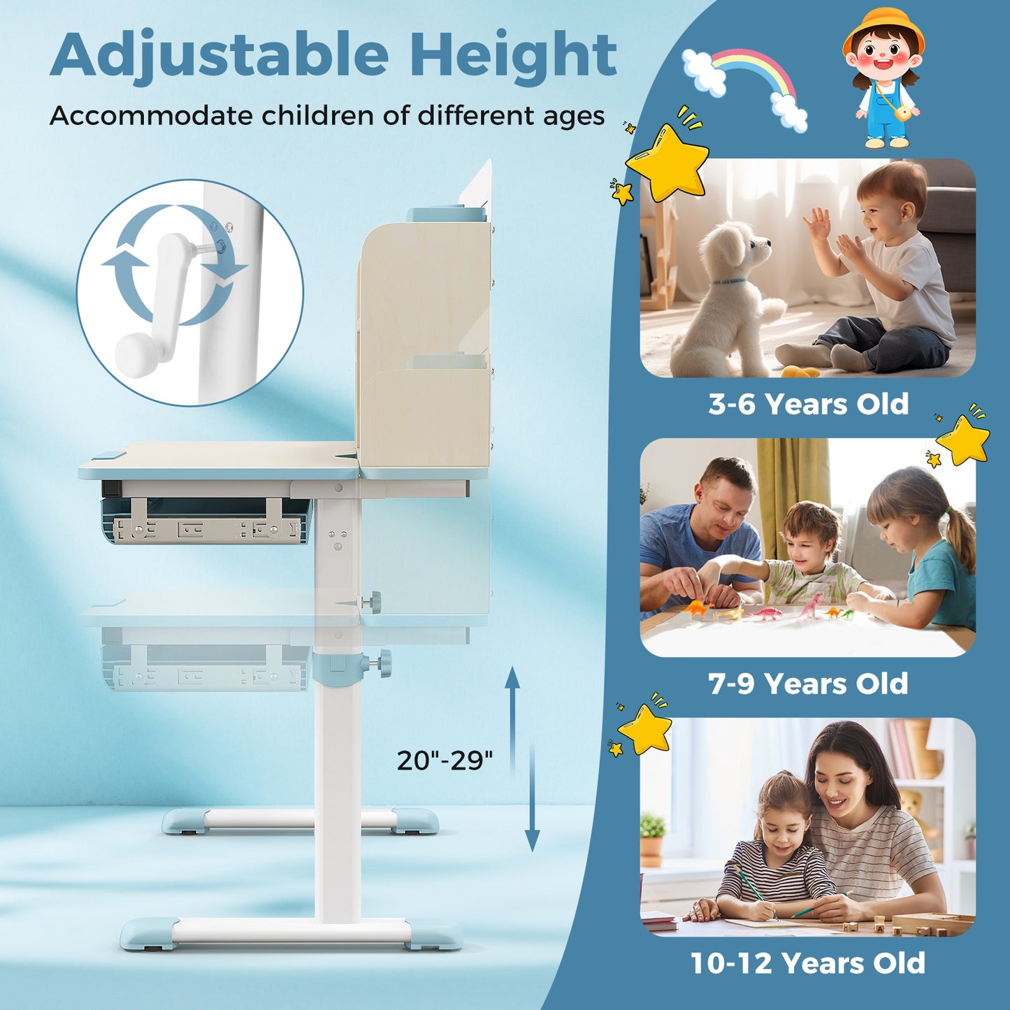 Kids Study Desk, Height Adjustable, Tilt Desktop, Blue Kids Table & Chair Sets at Gallery Canada
