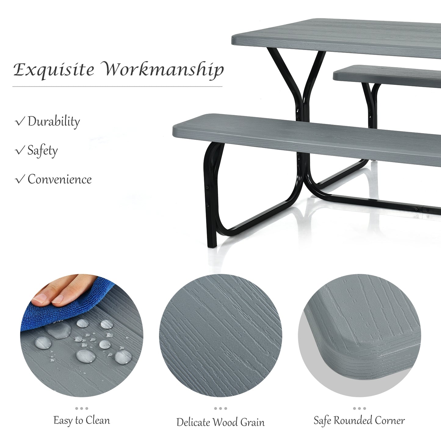 Ensemble de Table de Pique-nique et Bancs pour Camping Extérieur, Gris