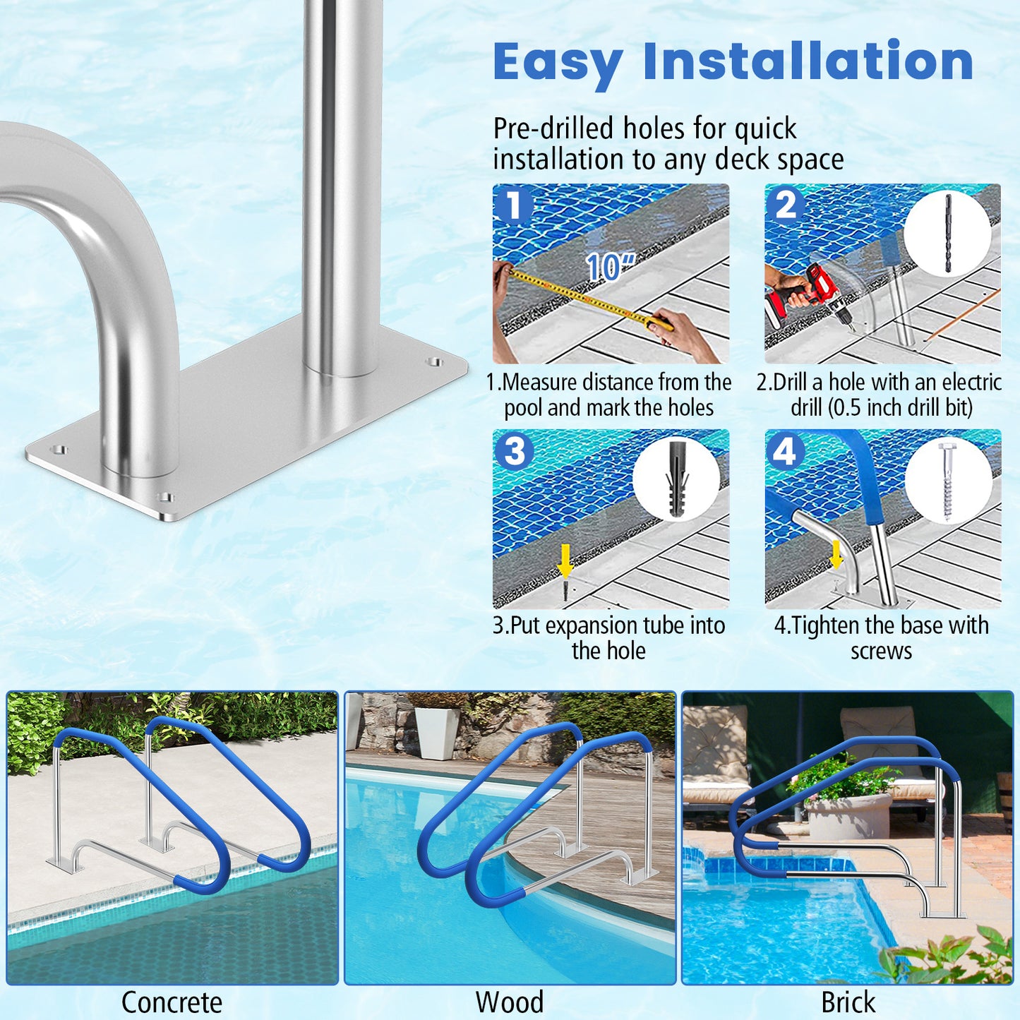 48x34 In. Swimming Pool Handrail, 316 Stainless Steel