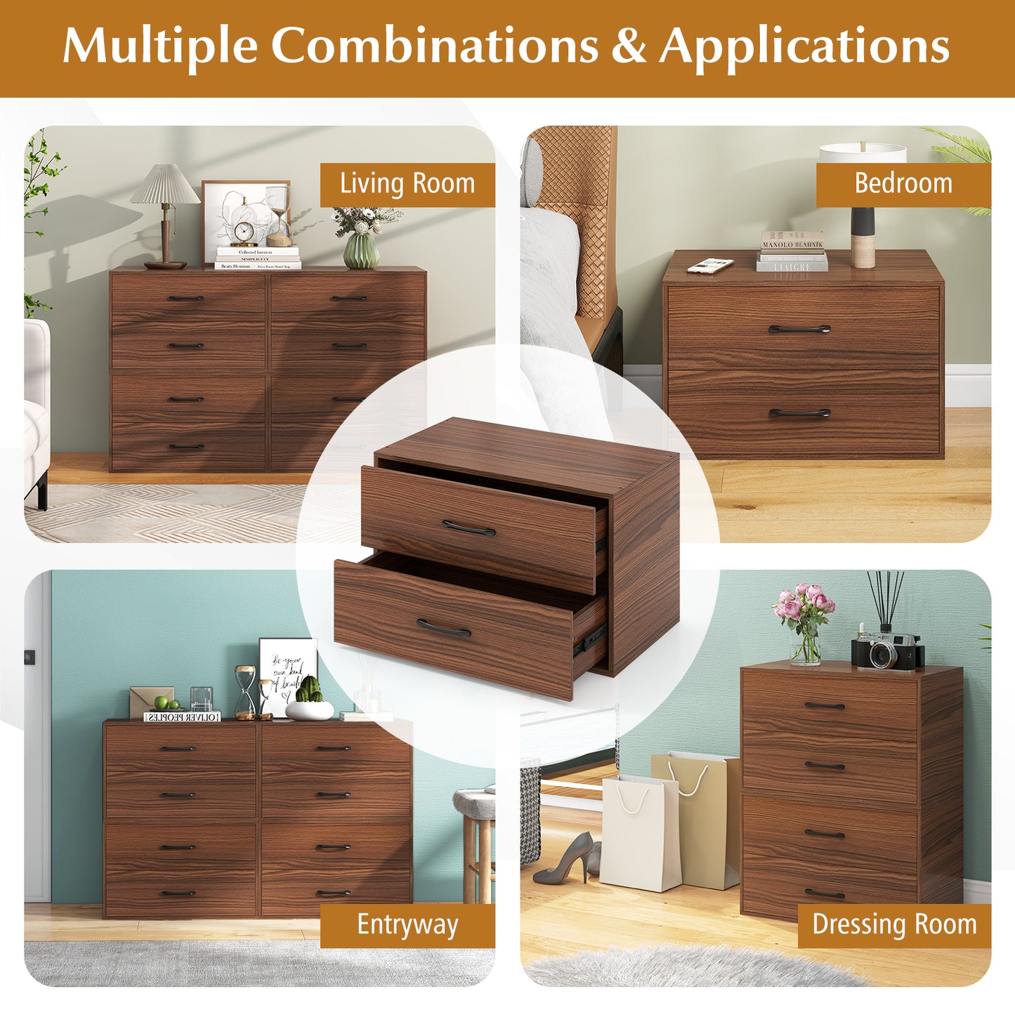 2-Drawer Stackable Horizontal Storage Cabinet, Dark Brown