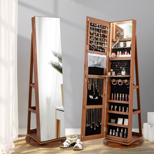 360° Rotating Mirrored Jewelry Cabinet Armoire 3 Color LED Modes Lockable, Dark Brown Jewelry Armoires Dark Brown at Gallery Canada