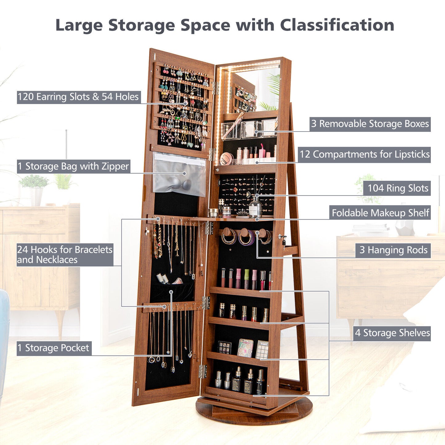 360° Rotating Mirrored Jewelry Cabinet, 3 LED Modes, Lockable, Dark Brown Jewelry Armoires at Gallery Canada