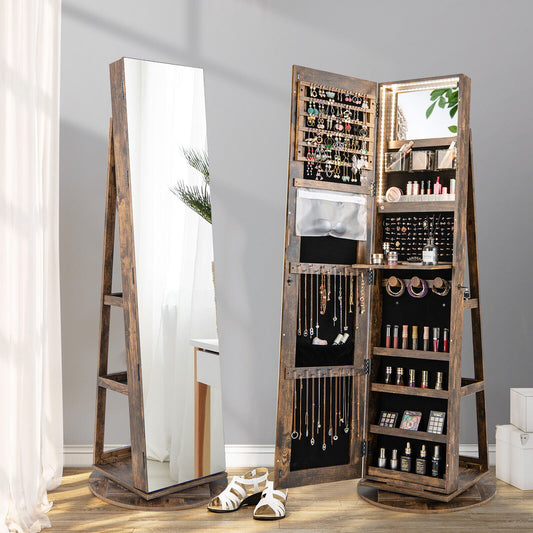 Rotating Mirrored Jewelry Cabinet, 3 LED Modes, Lockable, Brown Jewelry Armoires Brown at Gallery Canada