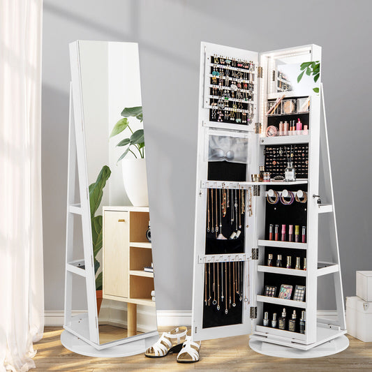 360° Rotating Mirrored Jewelry Cabinet, 3 Color LED Modes, Lockable, White Jewelry Armoires White at Gallery Canada
