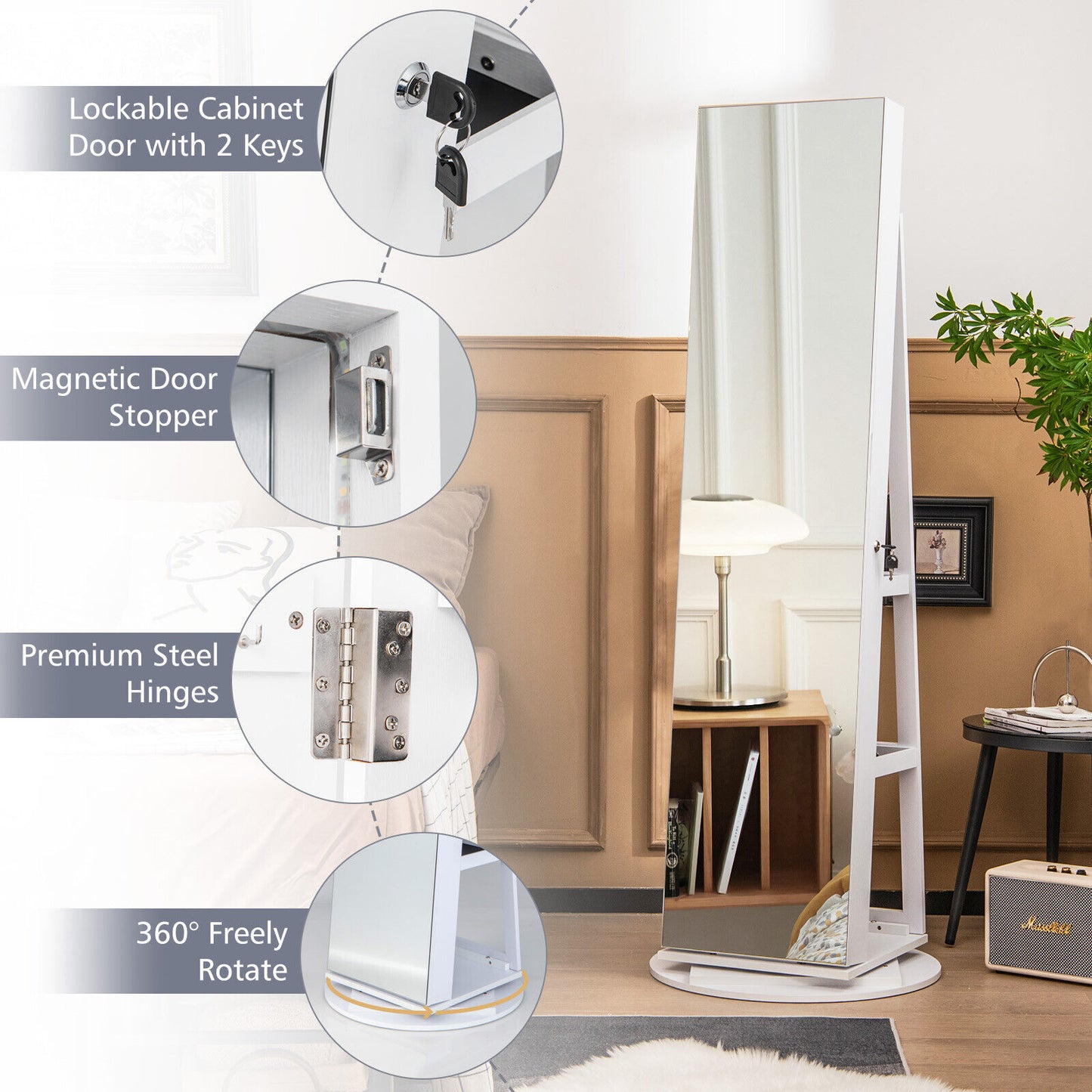 360° Rotating Mirrored Jewelry Cabinet, 3 Color LED Modes, Lockable, White Jewelry Armoires at Gallery Canada