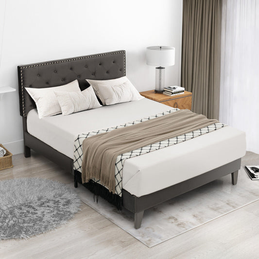 Lit plateforme capitonné taille Queen complète, tête de lit capitonnée, gris