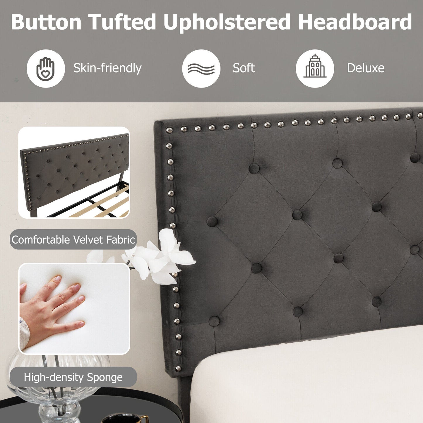 Full Queen Size Upholstered Platform Bed, Tufted Headboard, Gray Simple Bed Frame at Gallery Canada