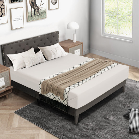 Queen Size Upholstered Platform Bed, Tufted Headboard, Gray Simple Bed Frame Gray at Gallery Canada