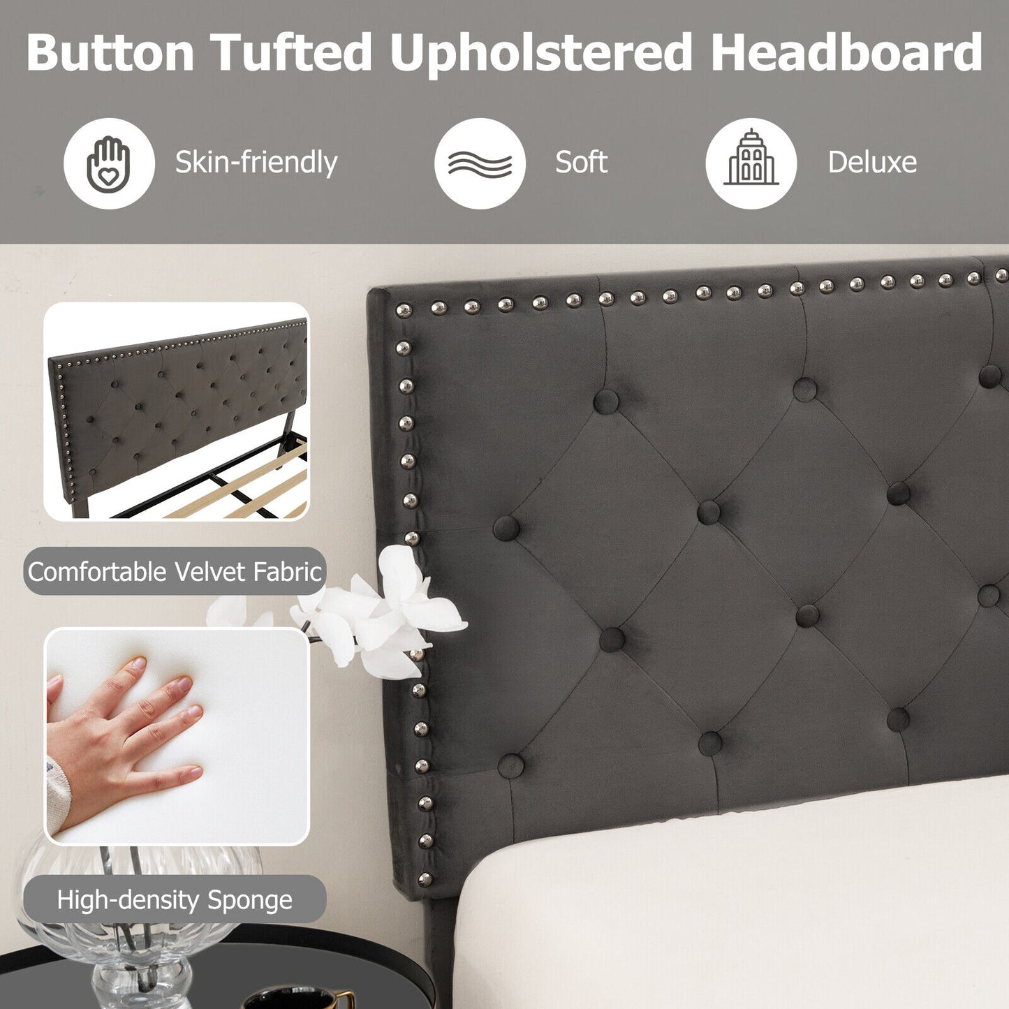 Queen Size Upholstered Platform Bed, Tufted Headboard, Gray Simple Bed Frame at Gallery Canada