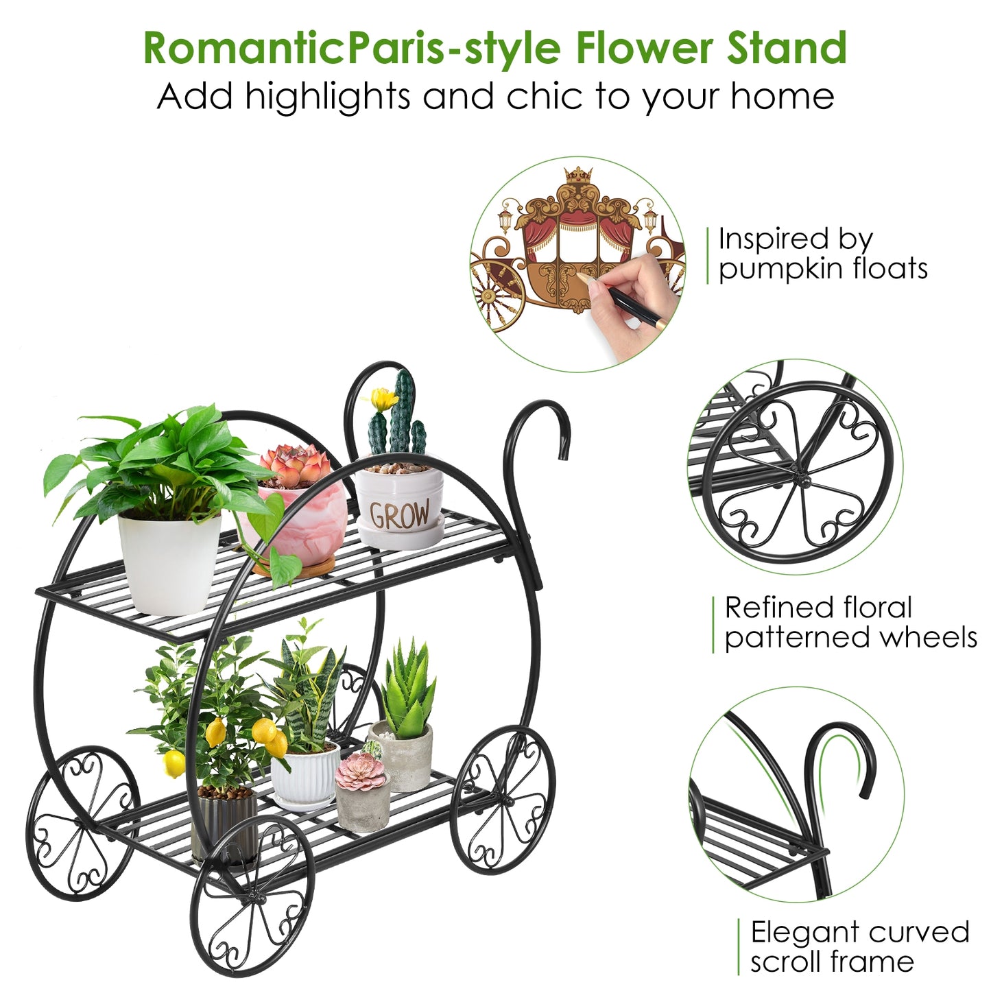 Heavy Duty Metal Flower Cart Plant Stand, Black Plant Stands at Gallery Canada