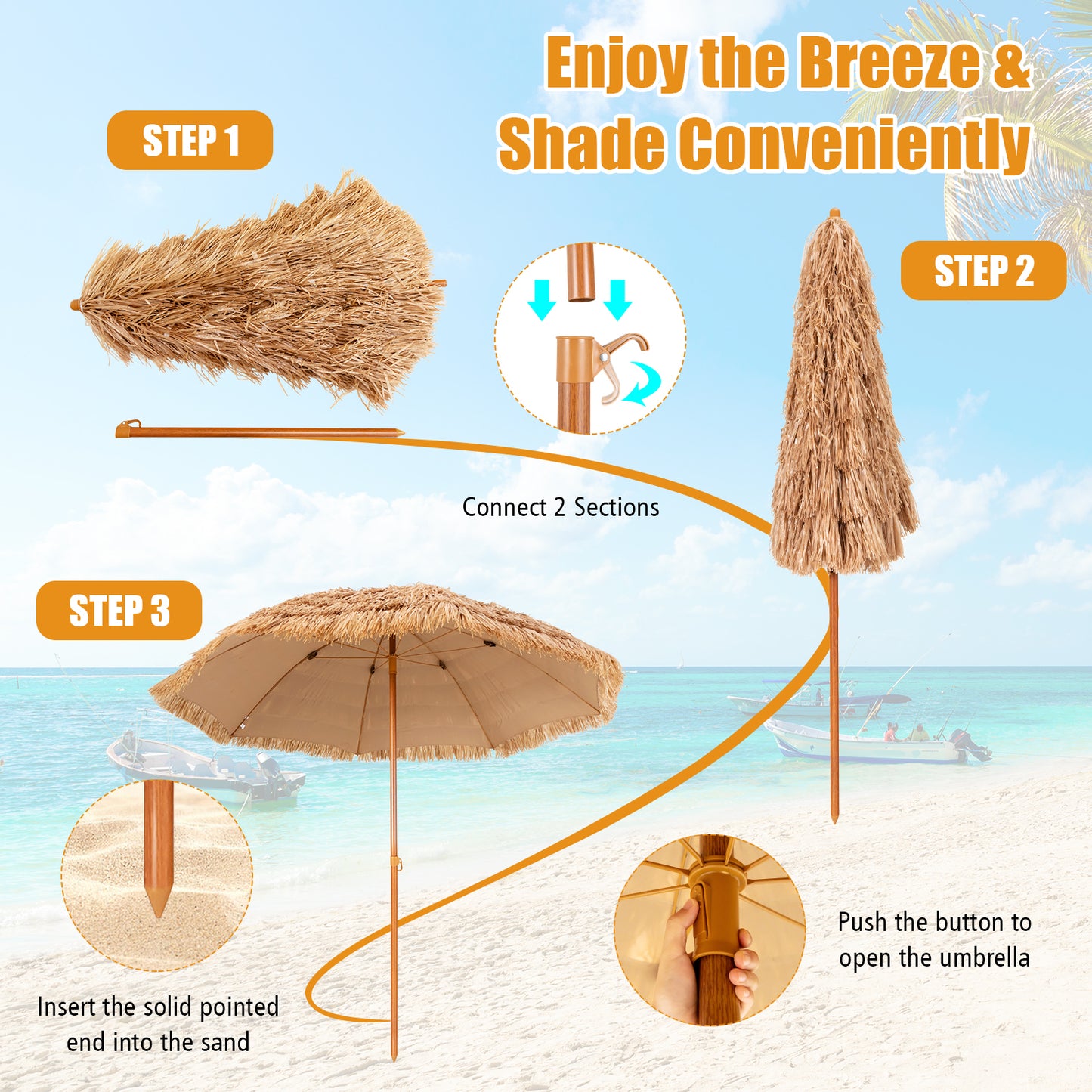 8 Feet Thatched Tiki Umbrella, Natural Outdoor Umbrellas at Gallery Canada