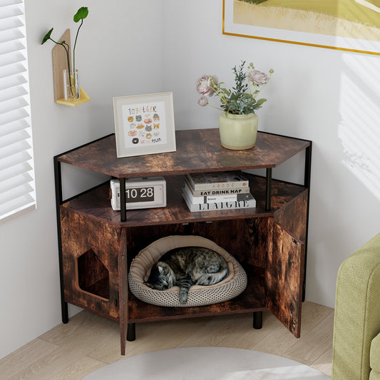 Corner Cat Litter Box Enclosure, 2 Entrances, Open Shelf, Rustic Brown Cat Houses Rustic Brown at Gallery Canada
