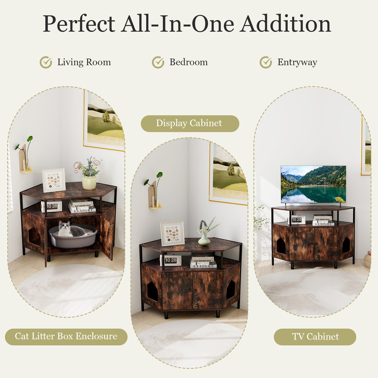 Corner Cat Litter Box Enclosure, 2 Entrances, Open Shelf, Rustic Brown Cat Houses at Gallery Canada