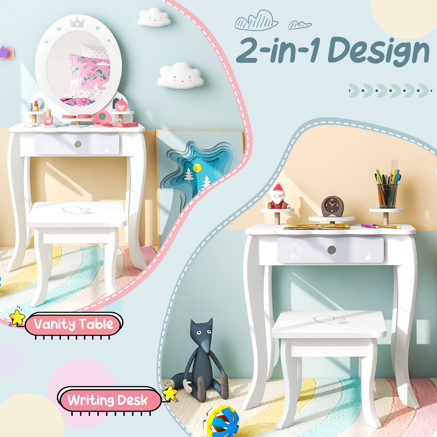 Kids 2-in-1 Princess Makeup Table and Chair Set with Removable Mirror, White Kids Vanities at Gallery Canada