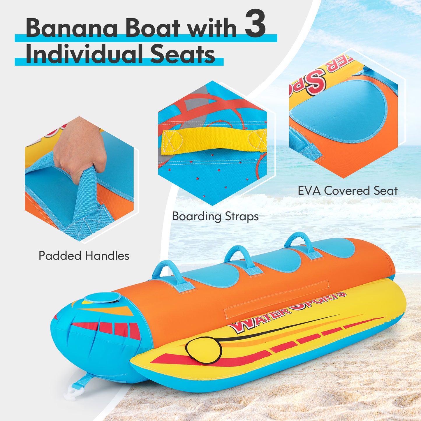 3-Person Inflatable Banana Boat with 3 EVA-padded Seats and Handles, Orange Water Sports at Gallery Canada