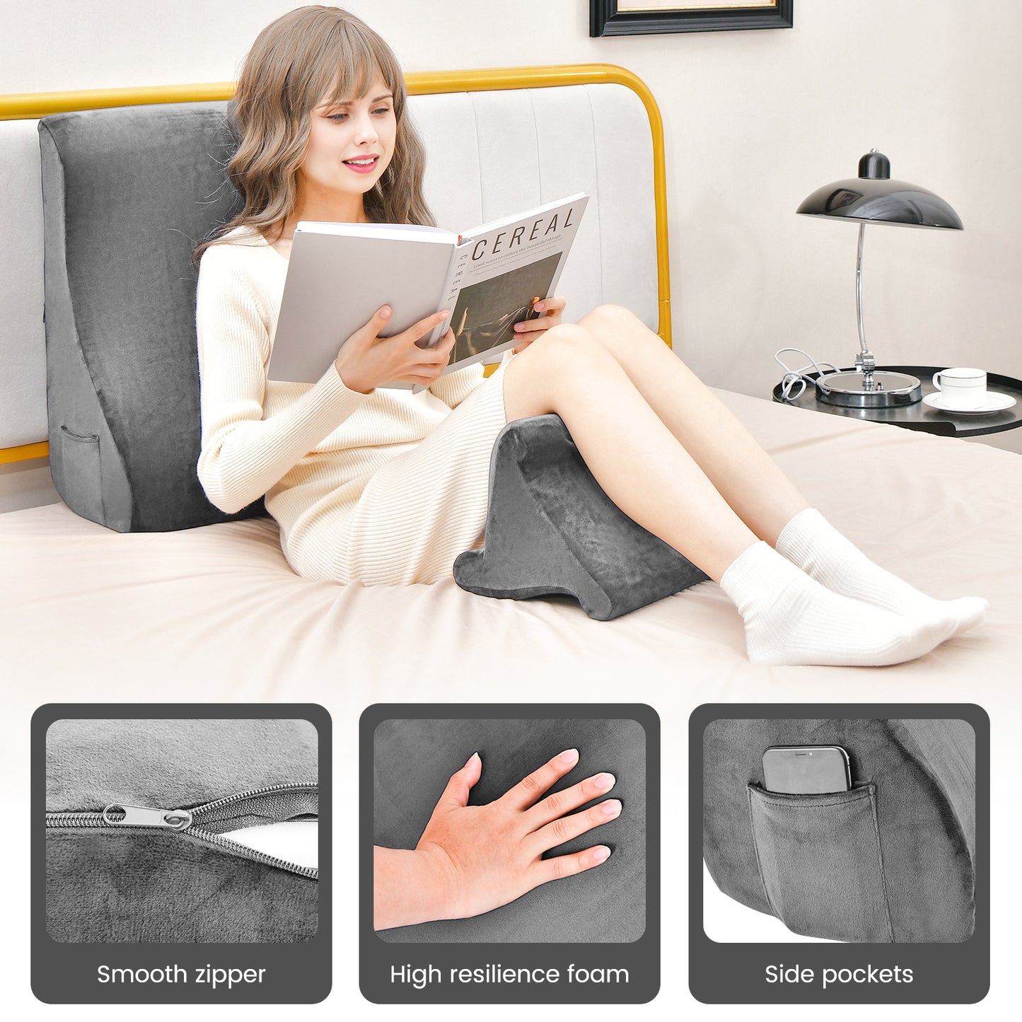 Bed Wedge Pillow With Tablet Stand, Side Pockets, Gray Bedding at Gallery Canada