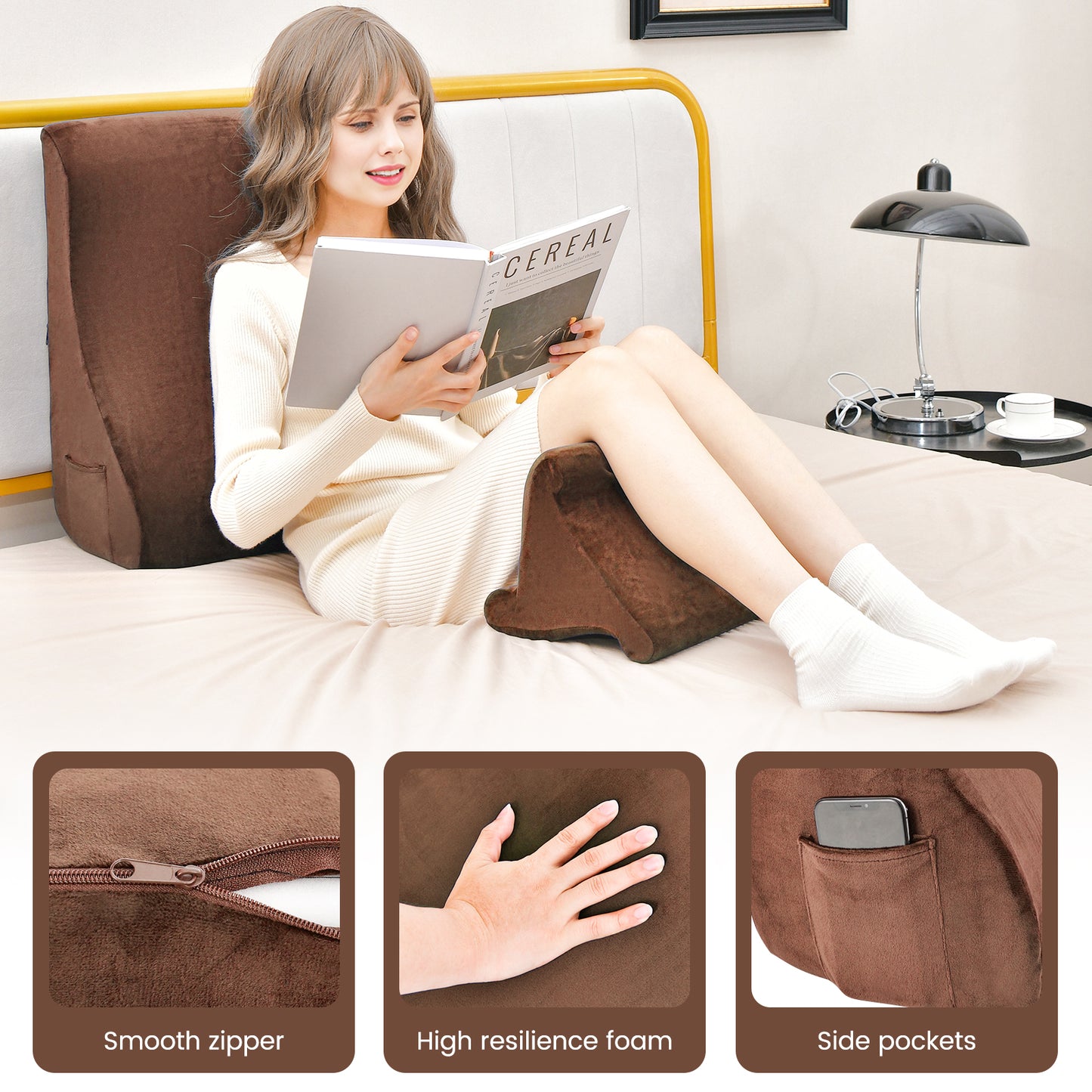 Bed Wedge Pillow With Tablet Stand, Side Pockets, Brown Bedding at Gallery Canada