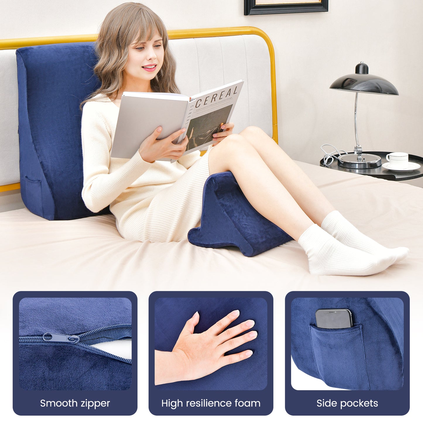 Bed Wedge Pillow With Tablet Stand, Side Pockets, Navy Bedding at Gallery Canada