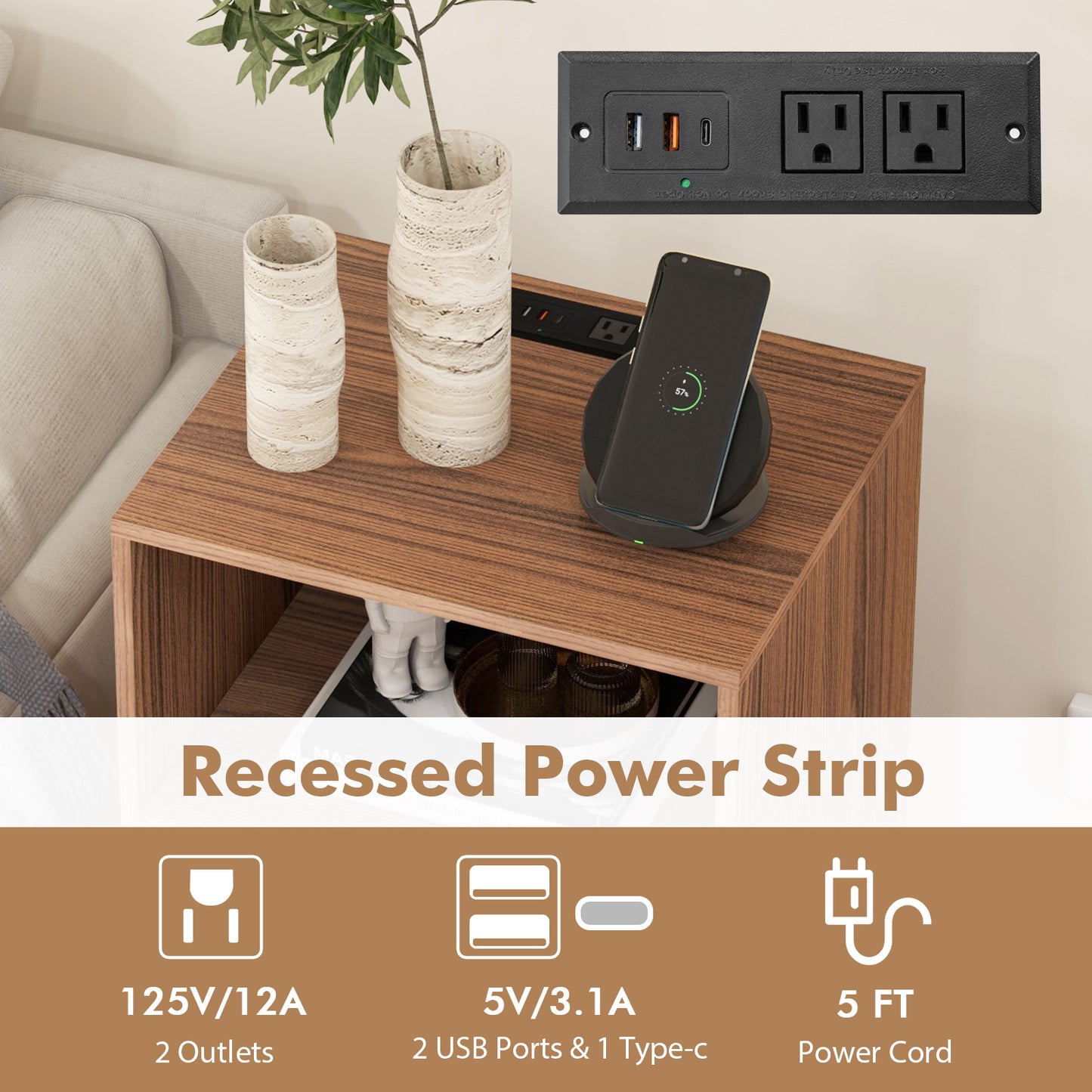 Record Player Stand with Charging Station for Living Room Bedroom, Walnut End & Side Tables at Gallery Canada