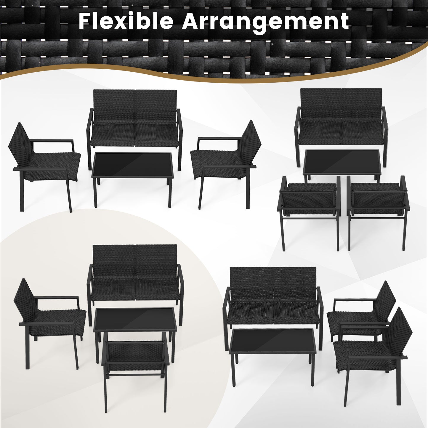 Ensemble de 4 pièces de mobilier de patio, cadre en métal galvanisé résistant, noir