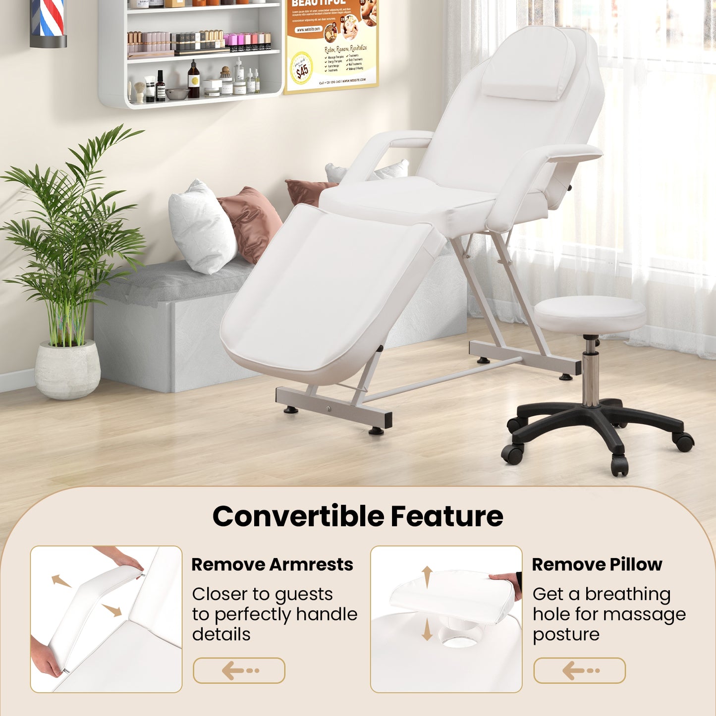 73 Inch Facial Chair Set, Removable Headrest, Detachable Armrests, White Spa & Salon at Gallery Canada