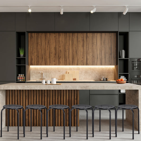 Set of 6 Stackable Multifunctional Daisy Design Backless Round Metal Stool Set, Black