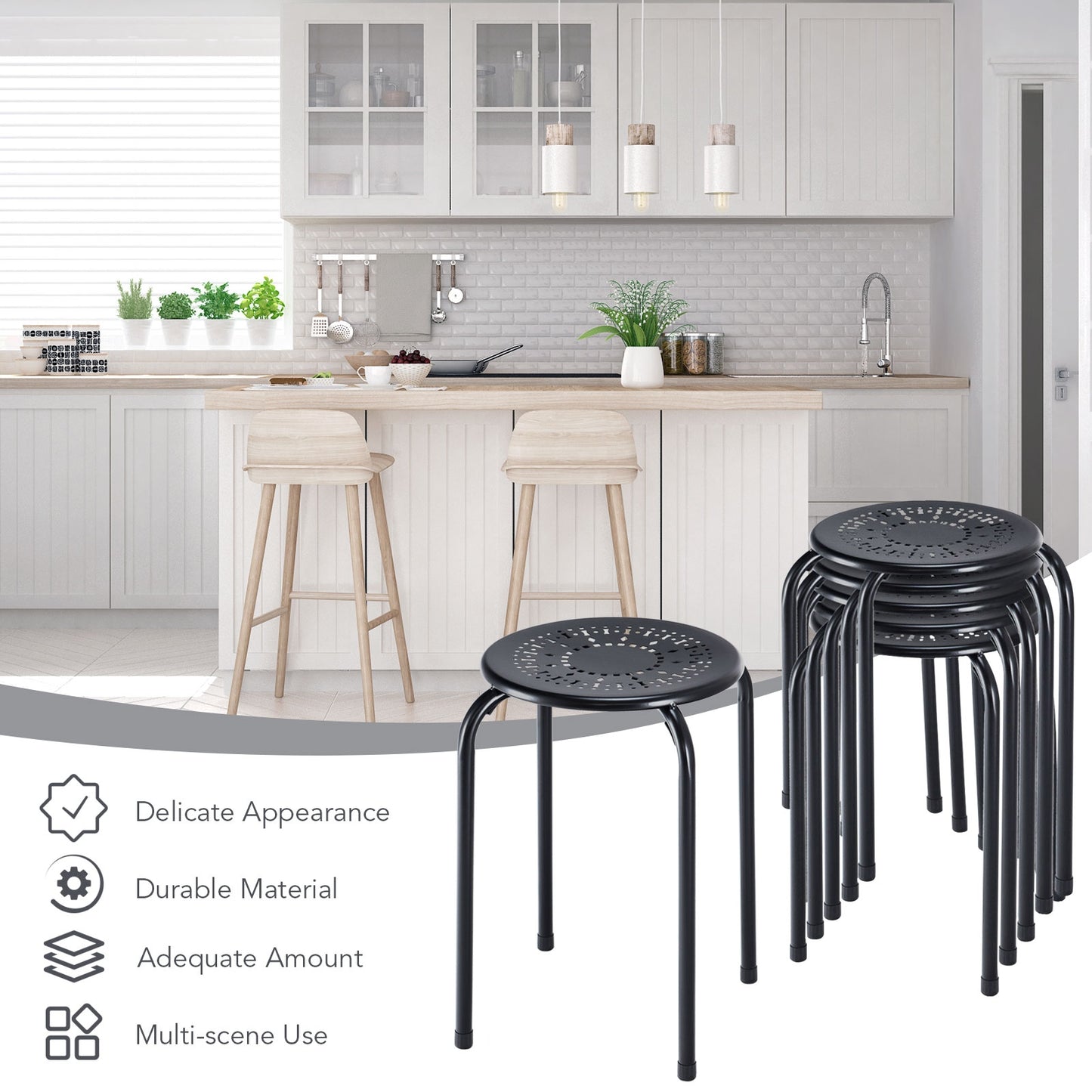 Set Of 6 Stackable Daisy Design Round Metal Stool, Black