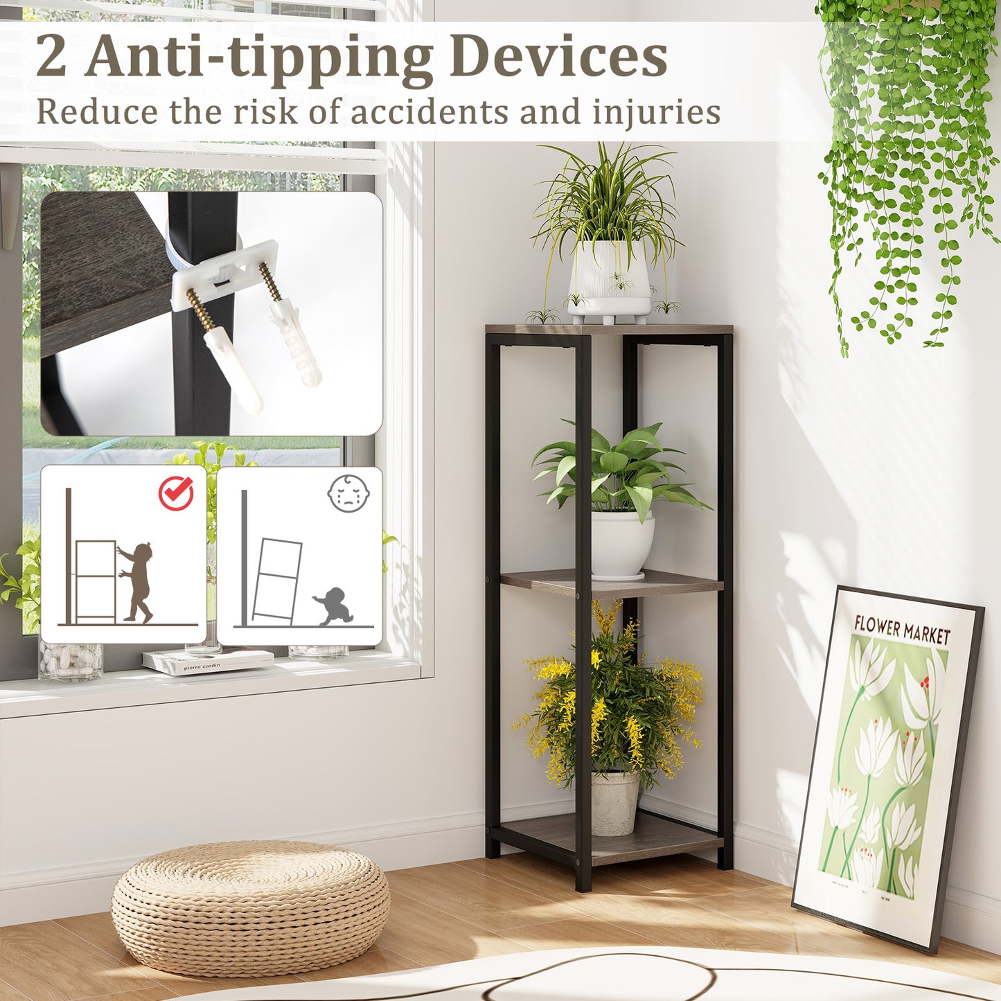 3-Tier Tall Metal Plant Stand, Corner Holder, Anti-Tipping Device, Black Gray Plant Stands at Gallery Canada